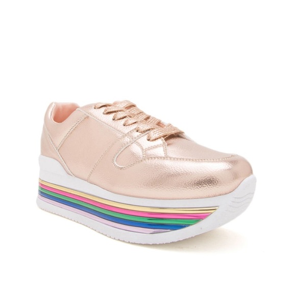 Qupid Shoes - Rose Gold Rainbow Platform Sneakers Sz 7